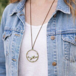 Long Brass Patina Bird Pendant Necklace | Nature Inspired Statement Jewelry